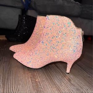 Glitter pink kitten heel booties